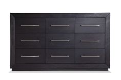 a black dresser with silver handles and drawers