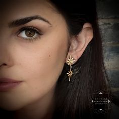 "Shine bright with this two north stars post/dangle earrings Inspired by the shimmer of galactic stars, it is bound to fill all your cosmic dreams. This is the gold item, for the silver click here: https://www.etsy.com/listing/784244535 ★ Comes in our signature gift box, ready for gift giving. ★ Available in Gold [Sterling silver rod & gold plated brass ] ★ Earrings size: 1.60\"x0.80\" ★ Handmade TO COMPLETE THE SET: https://www.etsy.com/listing/559427930 ★For more celestial jewelry click th Star Dangle Earrings, Hamsa Earrings, Silver Star Earrings, Earrings Star, Gothic Earrings, Earrings Christmas, Celestial Jewelry, Tiny Stud Earrings, Leaf Jewelry