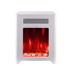 an electric fireplace with red flames on the front and side panels, in white plastic