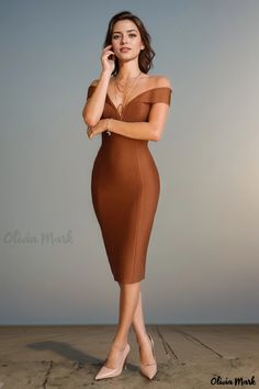 Olivia Mark - Elegant Coffee Sleeveless Bandage Dress - Fashionable Collar-neck Party Dress Sleeveless Bandage Dress For Formal Occasions, Sleeveless Bandage Bodycon Dress For Formal Occasions, Formal Sleeveless Bandage Dress, Sleeveless Bandage Dress For Formal Parties, Sleeveless Bandage Dress For Party Season, Brown Midi-length Bodycon Dress For Evening, Brown Midi Length Bodycon Dress For Evening, Strapless Brown Bodycon Dress For Party, Brown Knee-length Midi Dress For Parties