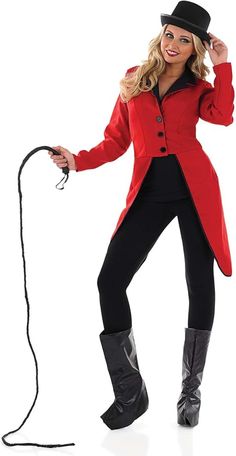 a woman in a red coat and black pants is holding a microphone while standing on a white background