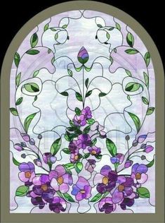 a stained glass window with purple flowers and green leaves