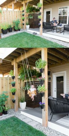 two pictures of a patio with chairs and potted plants hanging from the roof, while a man sits on a chair