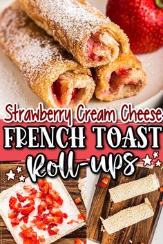 strawberry cream cheese french toast roll ups on a plate with strawberries and crackers