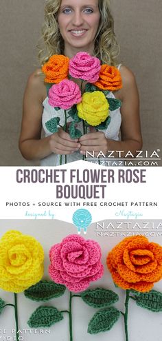 the crochet flower rose bouquet is made with free crochet pattern and includes three different colors