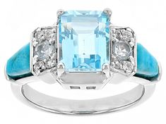 2.62ct Rectangular Octagonal And 0.24ctw Round Glacier Topaz™, Freeform Cabochon Composite Turquoise With .14ctw Round White Zircon Rhodium Over Silver Ring. Measures Approximately 0.38"L x 0.86"W. Not sizeable. Accent stones primarily zircon. This product contains composite turquoise. This means separate pieces of turquoise were bound together. Fine Silver Jewelry With Side Stones, Fine Jewelry Ring With Side Stones, Fine Jewelry Topaz Ring With Rectangular Accent Stones, Sterling Silver White Gold Jewelry With Side Stones, Modern Jewelry With Rectangular Accent Stones, Sterling Silver Promise Ring With Side Stones, Silver Jewelry With Side Stones As Gift, Aquamarine Ring With Diamond Accents, Silver Emerald Cut Jewelry With Side Stones