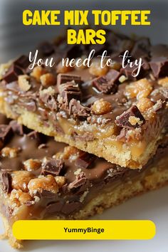 These Cake Mix Toffee Bars are a quick and simple dessert that combines the best of sweet, buttery toffee and rich chocolate in every bite… Cake Mix Toffee Cookies, Toffee Gooey Butter Cake, Best Dessert Bars For A Crowd, Miracle Bars Recipe, Squares Recipes Easy, Unique Bar Recipes, Caramel Toffee Bars, Bars From Cake Mix Recipes, Mixed Nut Bars