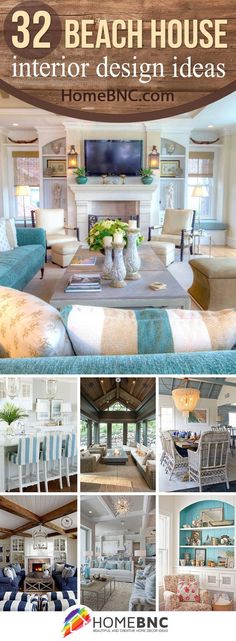 the inside of a beach house with blue and white furniture