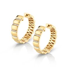 A throwback design brought current with contemporary details. The ORB Ribbed Huggies are at the same time intricate and effortless. Perfectly set rows of tiny pavé diamonds punctuate the space where each tiny golden bump joins to the next. A must have for the fashion forward MM fan! SKU #ER529 6mm x 25mm hoop earring 70pc 1.0mm G/H SI1 round pav é set diamonds 0.35ctw 14k yellow or white gold Movie Jewelry, Funky Jewelry, Diamonds And Gold, Small Pendant