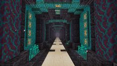 an image of a long hallway in minecraft with lots of green and purple walls