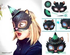 a woman wearing a black cat mask with green eyes