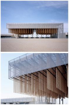 two photographs of a building with wooden slats hanging from it's sides and an open air area on the other side