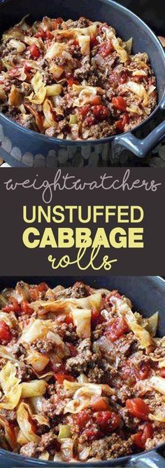 two pictures showing different types of food in a pan with the words, unstufffed cabbage casserole