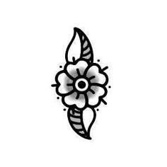 a black and white drawing of a flower with leaves on the side, in an outline style