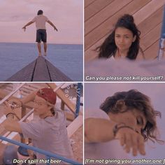 the girl is riding her skateboard on the pier with another person in the background