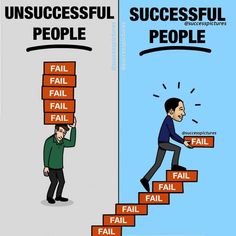 a man climbing the stairs to success with words above him that read, successful people fail fail fail fail fail fail fail