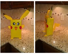 two pictures of a yellow paper bag with a pikachu on it