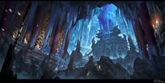 an ice castle in the middle of a snowy forest