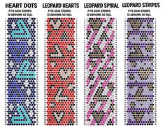 three rows of different colored dots with the words heart dots, leopard hearts, leopard spiral stripes