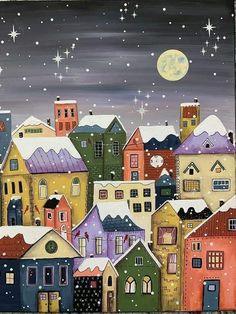 a painting of houses in the snow with a full moon behind them and stars on the sky