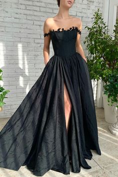 Black Satin Prom Dress, Corset Gown, A Line Evening Dress, Prom Dresses With Pockets, Dark Wedding, Spaghetti Strap Prom Dress, Prom Dresses Sleeveless