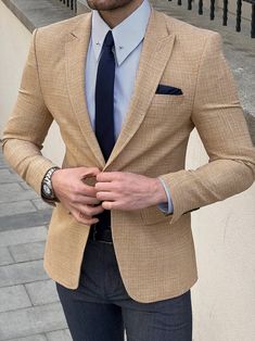 Slim Fit Knitted Textured Light Yellow Mens Blazer Suit Aesthetic, Terno Slim Fit, Mustard Blazer, Sartorial Style, Mens Fashion Suits Casual, Blazer Outfits Men, Mens Business Casual Outfits, Products Photography, Mens Fashion Blazer