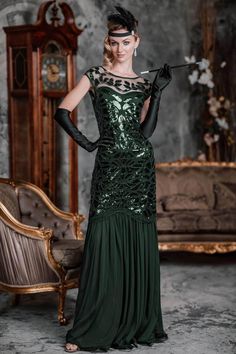 1920s Glamour, 20s Dress, Retro Stage, Retro Fashion Outfits, Dark Green Dress, Glamour Dress, Dress Retro, Standard Dress, 1920s Dress