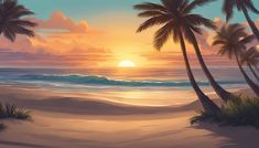 a painting of palm trees and the sun setting over the ocean on a tropical beach