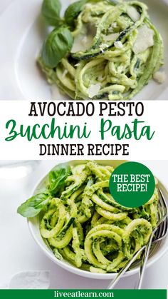 avocado pesto zucchini pasta dinner recipe with spinach and basil