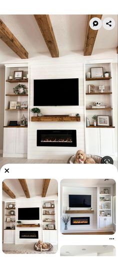 the before and after shots of a living room with built - in shelving units