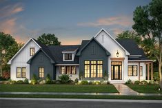 this is an artist's rendering of the front elevation of a house with white siding and windows