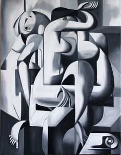 a painting with black and white lines on the bottom half of it, depicting an abstract figure