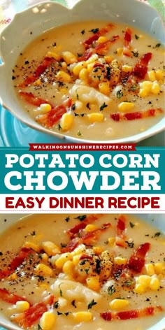 You can cook this fall comfort food idea while doing other tasks! Made in the crock pot, this budget-friendly meal is a hearty mix of crumbled bacon, chicken broth, and potato corn chowder. You won't regret cooking this creamy soup recipe for dinner! Corn Chowder Recipe Easy Fast, Fall Corn Chowder, Crock Pot Fall Meals, Thanksgiving Soups Crock Pots, Chowder Crockpot Recipes, Potato Corn Chowder Crock Pot, Corn Chowder Recipe Crockpot, Soups For A Crowd, Corn Chowder Recipe Easy