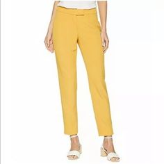 Anne Klein Yellow Extended Tab Bownie Pant Size 2 Waist 30” Length 34” Inseam 26” Rise 8” New Without Tags. Yellow Summer Office Bottoms, Fitted Yellow Bottoms For Office, Yellow Bottoms For Office Spring Season, Casual Yellow Bottoms For Office, Yellow Fitted Bottoms For Work, Fitted Yellow Bottoms For Workwear, Jumpsuit Trousers, Slim Fit Pants, Anne Klein