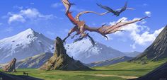 two dragon like creatures flying in the sky over mountains