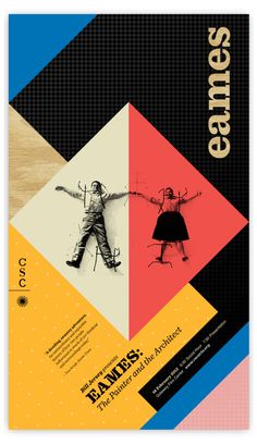 a poster with an image of two people in different colors and shapes, one is holding the