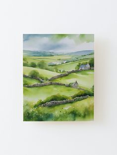 a watercolor painting of a green landscape