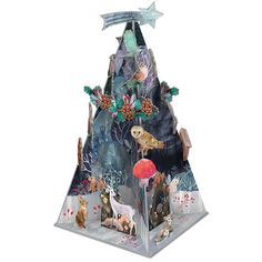 an origami christmas tree with animals and trees on it's sides, in front of a white background