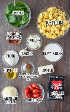 the ingredients to make this pasta dish are shown in bowls and labeled with their names