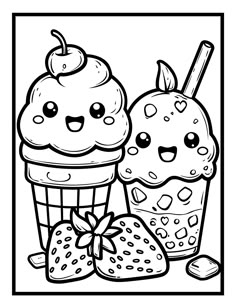 two ice cream sundaes with strawberries coloring page