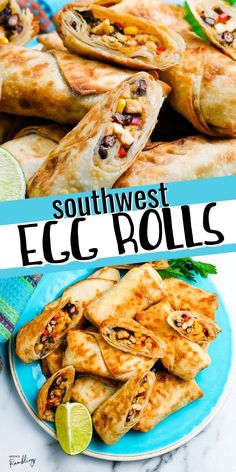 southwest egg rolls on a blue plate with lime wedges