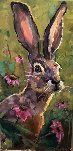 a painting of a rabbit sitting in the grass with flowers on it's side