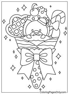 a coloring page with an image of a teddy bear in a basket filled with candy