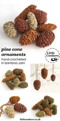 crocheted pine cone ornaments made with hand - crafted yarn