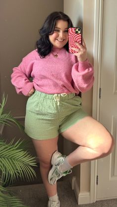 gingham shorts, pink and green outfit, pink outfit, green outfit, summer outfit, spring outfit, casual outfit idea, casual spring outfit, casual summer outfit, midsize spring outfit, midsize summer outfit, midsize outfits Midsize Outfits Colorful, Plus Size Outfits Colorful, Short Midsize Outfits, Midsize Fashion Summer 2024, Green Outfit Summer, Plus Size Comfy Outfits, High Waisted Outfits, Dance Convention Outfits, Pink And Green Outfit