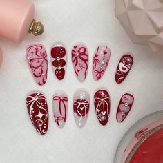 Christmas But Not Christmas Nails, Cute Xmas Nail Designs, Winter Nails Not Christmas, Christmas Vibe Nails, Cherry And Bow Nails, Coquette Fall Nails, Funky Holiday Nails, Hmong Nails, Nails Aesthetic Christmas