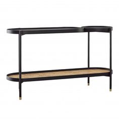 a black console table with two shelves and wicker shelf underneath it, against a white background