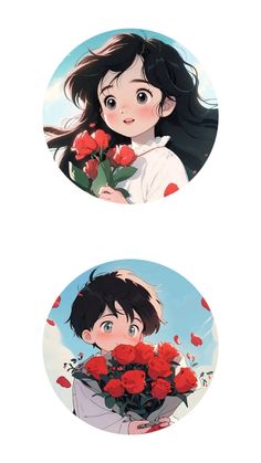 two plates with red flowers on them and one has a girl holding roses in her hand