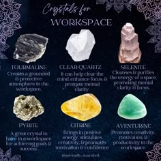 Creating a harmonious and productive workspace can be enhanced by incorporating crystals to promote focus, creativity, clarity, and positivity.   Here are 6 crystals commonly used for this purpose.  These crystals can be placed on your desk, near your computer, or strategically positioned around your workspace to create a positive and productive environment.   Remember to cleanse and recharge your crystals regularly to maintain their energy and effectiveness. Office Crystals Desks, Crystals For Office Space, Crystals For The Office, Crystals For Workplace, Crystals For Office Desk, Crystals For Productivity, Crystals For Positivity, Crystals For Work Desk, Crystals For Living Room