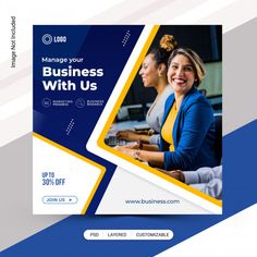 a blue and yellow business brochure with an image of two women working on computers